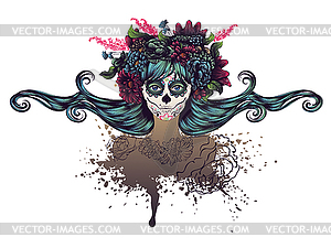 Sugar Skull Girl in Flower Crown - vector image