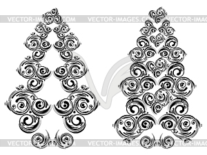 Swirls Floral Christmas Tree - white & black vector clipart