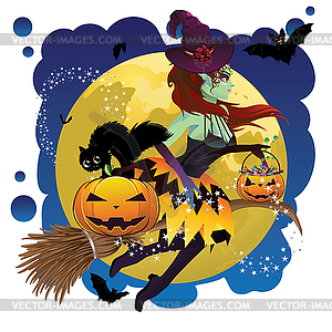 Witch and Full Moon - vector clip art