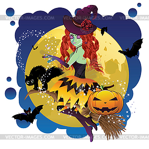 Witch and Full Moon - vector image