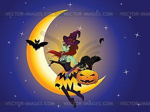 Witch on Moon - vector clip art