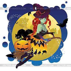 Witch and Full Moon - vector clip art