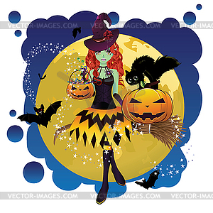 Witch and Full Moon - vector clip art