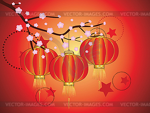 Chinese Lantern with Sakura Branch - vector clipart