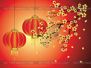 Chinese Lantern with Sakura Branch - vector clipart / vector image