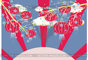 Китайских фонариков с Ветка сакуры - векторное изображение клипарта