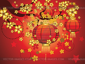 Chinese Lantern with Sakura Branch - vector image