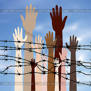 Hands Behind Barbed Wire - vector clipart