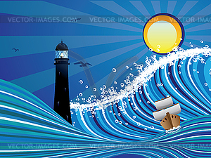 Lighthouse and Boat in Sea - color vector clipart