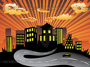 Sunset City and Road Silhouette - vector clipart