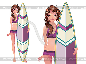 Girl with Surfing Board - stock vector clipart