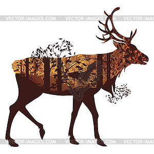 Autumn Forest Landscape and Deer - vector clipart
