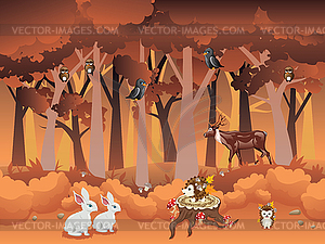 Cartoon Autumn Forest with Animals - vector clipart / vector image