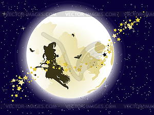 Flying Witch over Full Moon - vector EPS clipart