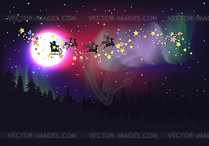 Flying Santa over Aurora Borealis - royalty-free vector image