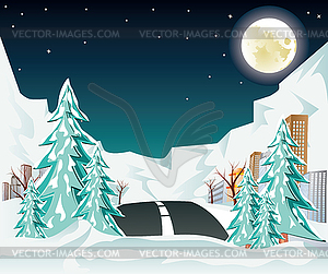 Ночь Зимняя дорога до города - векторное изображение клипарта