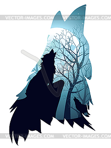 Wolf Howling with Forest - royalty-free vector clipart