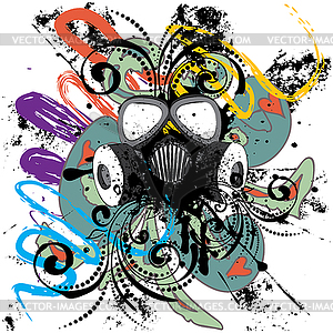 Grunge Floral Gas Mask - color vector clipart