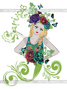 Spring Girl with Flowers - vector clipart