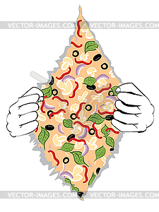 Cartoon Tasty Pizza and Hands - stock vector clipart