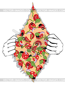 Cartoon Tasty Pizza and Hands - vector image