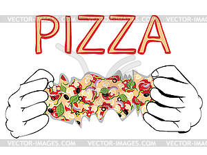 Мультяшный Вкусная пицца и руки - изображение в векторе