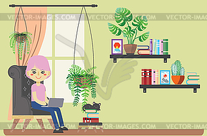 Woman with laptop in armchair - vector EPS clipart