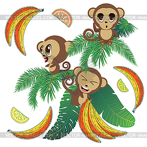 Monkey with tropical leaves - vector image