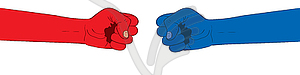 Red fist against blue one - color vector clipart