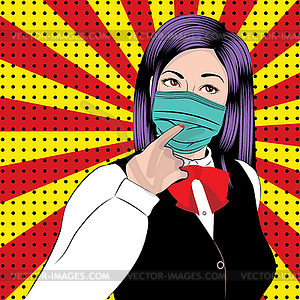 Thoughtful woman in face mask pop art - color vector clipart