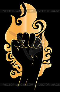 Raised fist in gold flame - vector clip art