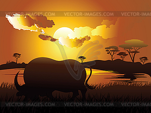 Sunset landscape and bull silhouette - vector clip art