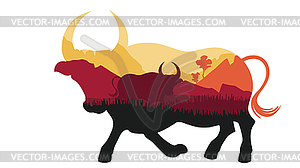 Sunset landscape inside bull silhouette - vector clipart