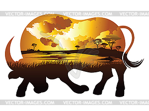 Sunset landscape inside bull silhouette - vector image