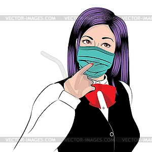 Thoughtful woman in face mask pop art - vector image