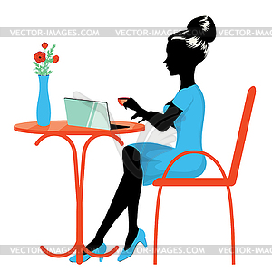 Woman working on laptop in cafe - vector image