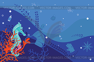 Underwater scene with seahorse and face mask - vector clipart