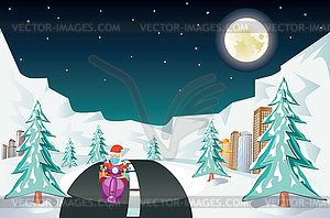 Santa in face mask ride scooter on town - color vector clipart