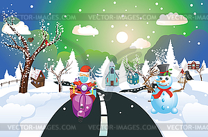 Santa in face mask ride scooter on town - vector clip art