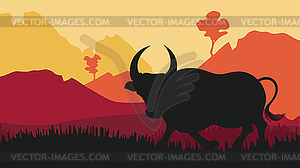 Закатный пейзаж и силуэт быка - векторный графический клипарт