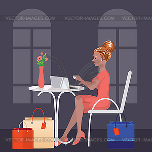 Woman with shopping bags and laptop in cafe - vector image