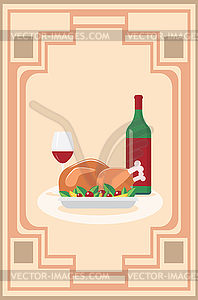 Roasted turkey on plate and wine - vector clipart