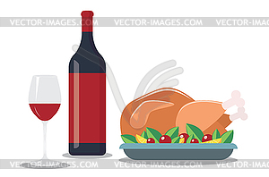 Roasted turkey on plate and wine - vector image