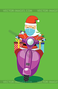 Santa in face mask on scooter - vector clipart