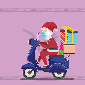 Santa in face mask on scooter - vector image