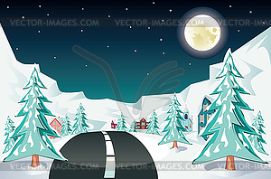 Дорога в зимнюю деревню - векторное изображение клипарта