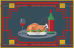 Roasted turkey on plate and wine - vector clipart