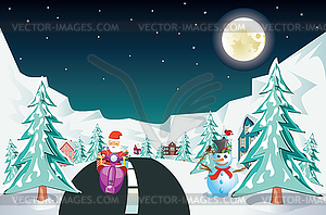 Санта ездит на скутере по городу - векторный клипарт / векторное изображение