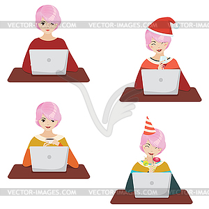 Pink haired girl with laptop - vector image