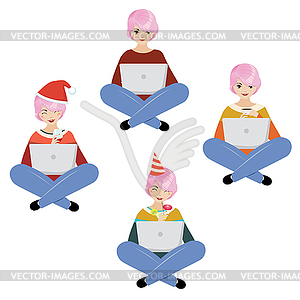 Pink haired girl with laptop - vector image